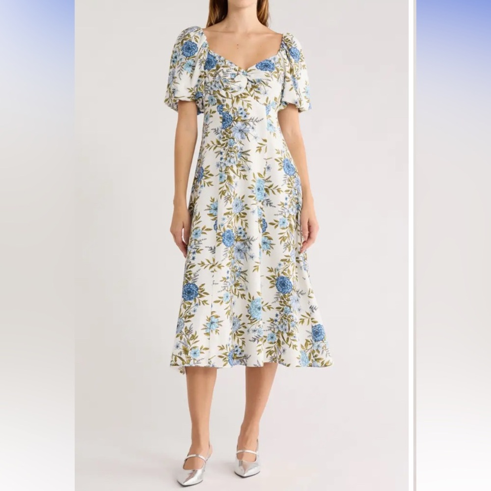 Avec Les Filles White Blue Floral Linen Blend Dress Garden Party Dress